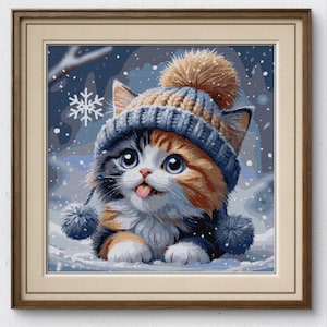 Kitten in Winter Hat Cross Stitch Pattern PDF, Cute Cat Embroidery Chart, Digital Download