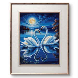 Swans on Lake Cross Stitch Pattern: Moonlit Embroidery (PDF)