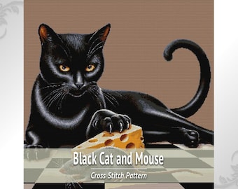 Black Cat and Mouse Cross Stitch Chart, Funny Animal PDF Pattern, Cat Embroidery Design