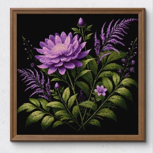Purple Flowers Bouquet Cross Stitch Pattern PDF, Floral Embroidery Design for Home Decor, Elegant Stitching for Advanced Crafters