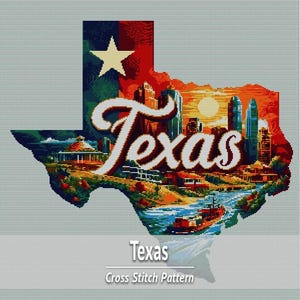 Texas Map Cross Stitch Pattern PDF, Retro State Embroidery, USA Wall Art Chart