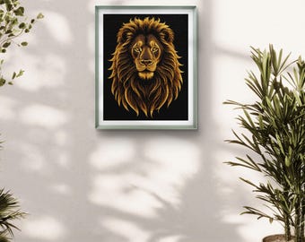 Golden Lion Cross Stitch Pattern PDF, Majestic Animal Embroidery