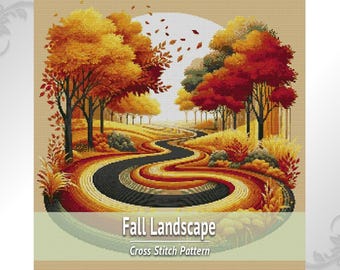 Patrón de punto de cruz de paisaje otoñal, gráfico de bosque otoñal en PDF, punto de naturaleza escénica