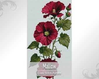 Hollyhock Flower Cross Stitch Pattern PDF, Vertical Floral Embroidery Design, Mallow Stitch Chart