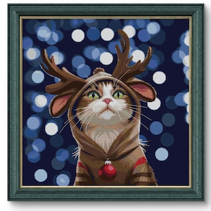 Funny Kitten Reindeer Costume Cross Stitch Pattern: Christmas Embroidery (PDF Pattern)
