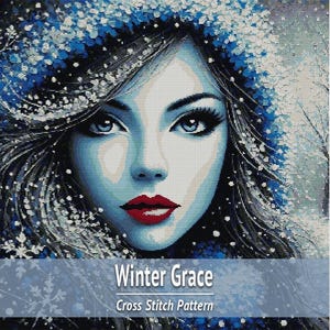 Op de afbeelding: Een kruissteekpatroon getiteld Winter Grace met een portret van een persoon met donker haar die een blauwe wintermuts en sjaal draagt. De afbeelding toont blauwe tinten, felrode lippen en vallende witte sneeuwvlokken tegen een achtergrond.