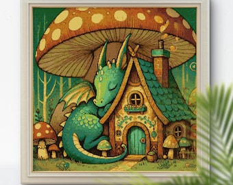 Sleeping Dragon Cross Stitch Pattern, Fantasy Cottage Scene, PDF Embroidery Design for Home Decor, Unique Gift for Dragon Lovers