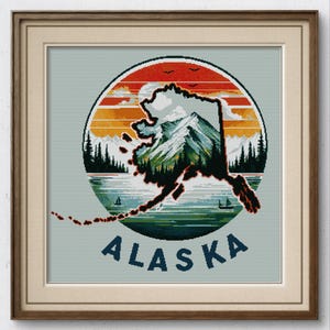 Carte de l'Alaska, modèle PDF au point de croix, broderie rétro, art de l'État de l'Alaska vintage, décoration d'intérieur bricolage, téléchargement immédiat
