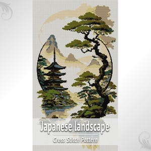 Wzór haftu krzyżykowego: japońska pagoda, pionowy krajobraz bonsai azjatyckiej świątyni w formacie PDF