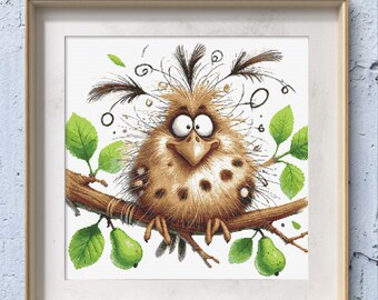 Funny Bird on Pear Tree Branch Cross Stitch Pattern, Cute Embroidery PDF for Home Decor, Pattern Keeper Friendly, Instant Download