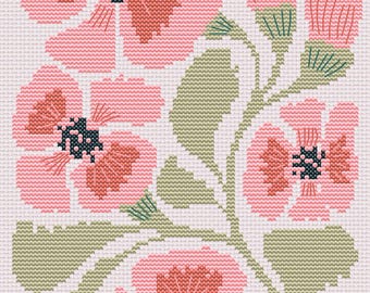 ピンクの花柄クロスステッチ図案PDF、抽象的な花の刺繍図案、モダンな