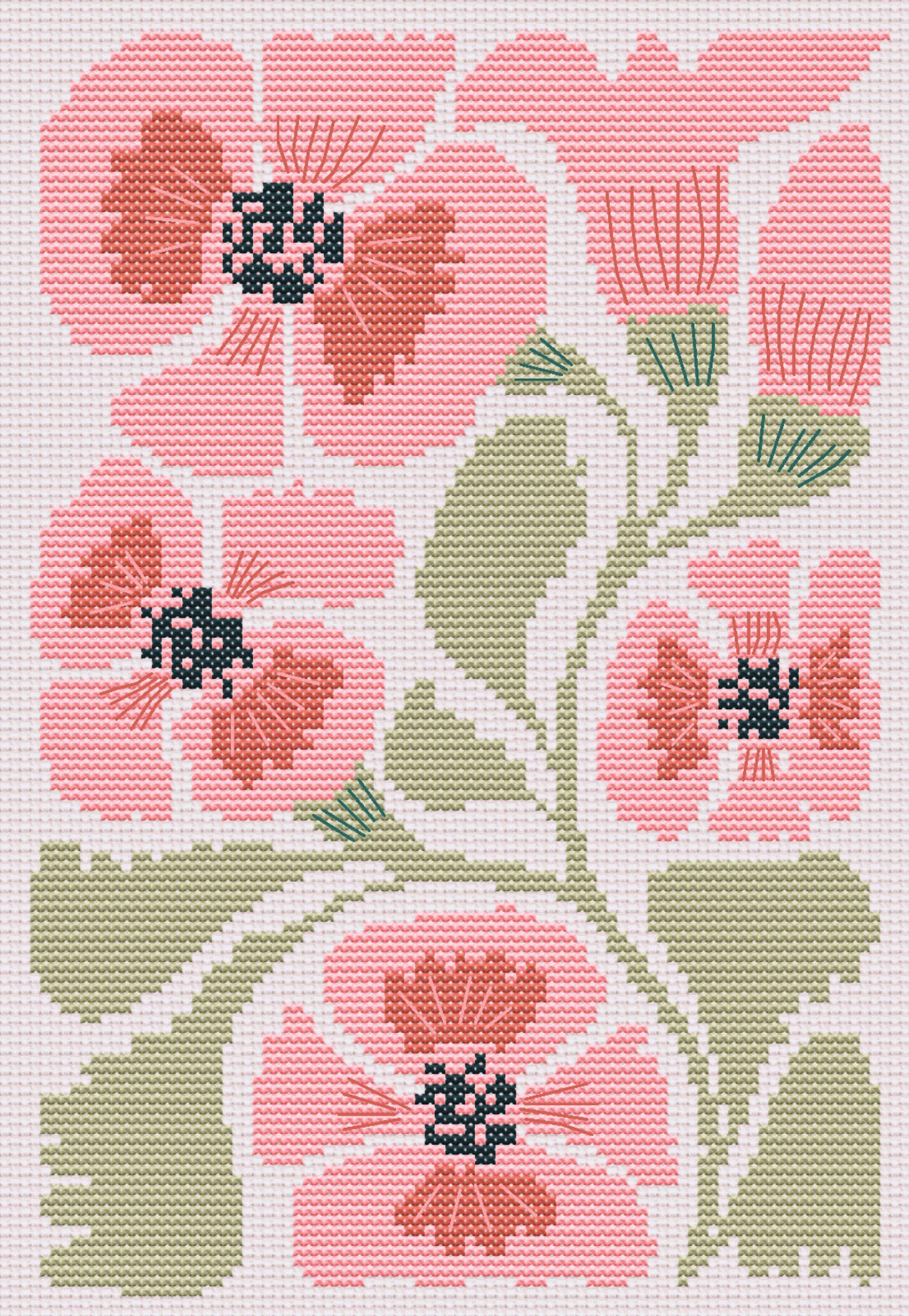 ピンクの花柄クロスステッチ図案PDF、抽象的な花の刺繍図案、モダンな
