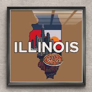Schema a punto croce con mappa dell'Illinois in formato PDF, ricamo dello Stato retrò, decorazioni fai da te per la casa, arte dello Stato vintage, download immediato, compatibile con Pattern Keeper