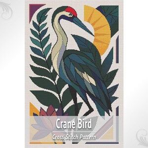 May include: A cross stitch pattern featuring a crane bird with a red crown, standing among dark green fern leaves and a yellow sun. The design includes a purple flower at the bottom and the text Crane Bird Cross Stitch Pattern in white.