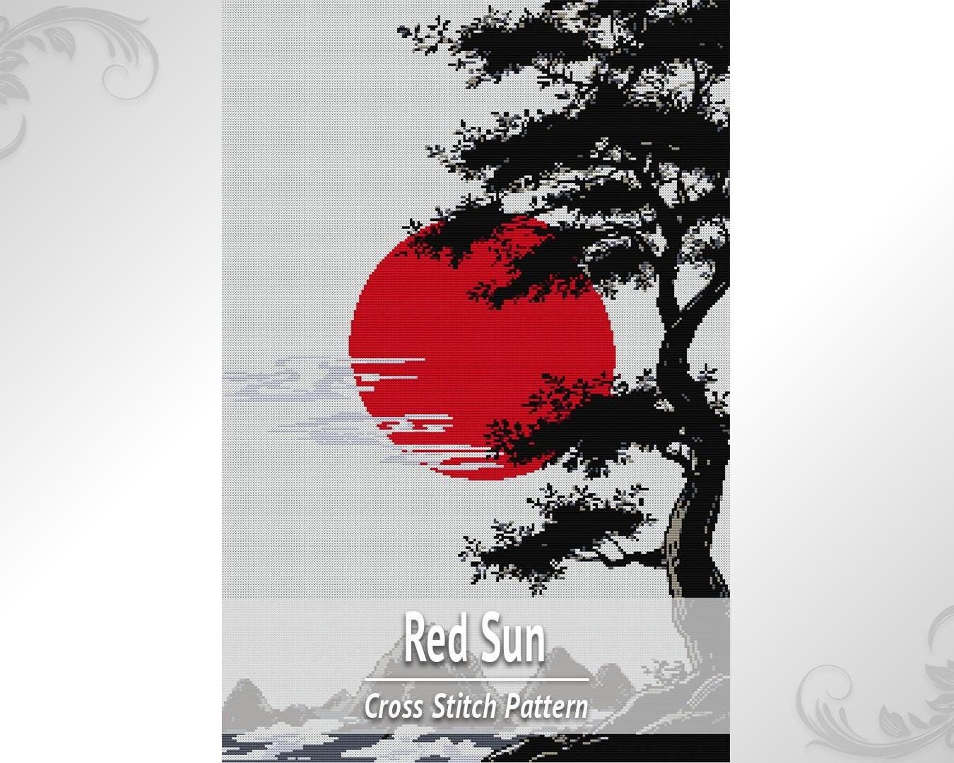 Red Sun Cross Stitch Pattern PDF, Japanese Nature Embroidery