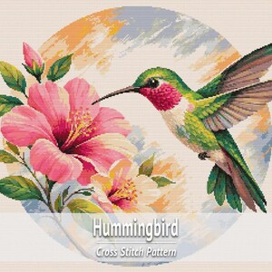 May include: A cross-stitch design showing a hummingbird and hibiscus flowers. The hummingbird is green, red, and white, with a long black beak. The flowers are pink and yellow, set against a soft, colourful background. The text "Hummingbird Cross Stitch Pattern" is at the bottom.