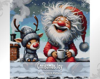 Patrón de punto de cruz de Papá Noel y reno en PDF, gráfico de bordado navideño, descarga digital