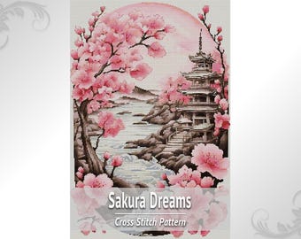 Sakura Dreams Cross Stitch Pattern PDF, Japanese Cherry Blossom Landscape Design