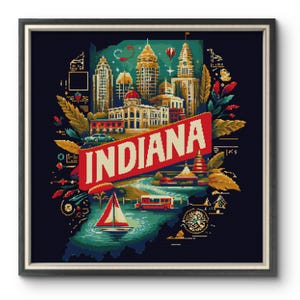 Carte de l'Indiana, modèle de point de croix PDF, motif de broderie rétro, Art vintage de l'Indiana, décoration d'intérieur bricolage, téléchargement immédiat