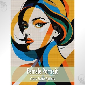 Patrón de punto de cruz de mujer pop art, retrato moderno bordado en PDF, gráfico de puntadas abstractas