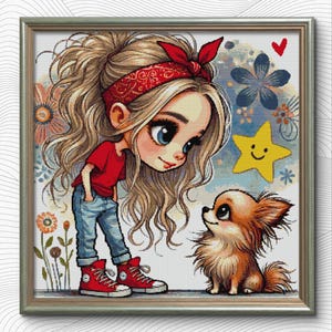 Patrón de punto de cruz de niña y cachorro encantador: diseño en PDF de estilo de dibujos animados para amantes de los perros, bordado lindo y caprichoso para la decoración del hogar