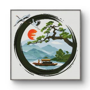 Serenity Over Water, Kreuzstich-Muster, Orientalische Landschaft mit Kranichen & Bergen, Stickmuster, PDF, Kompatibel mit Pattern keeper