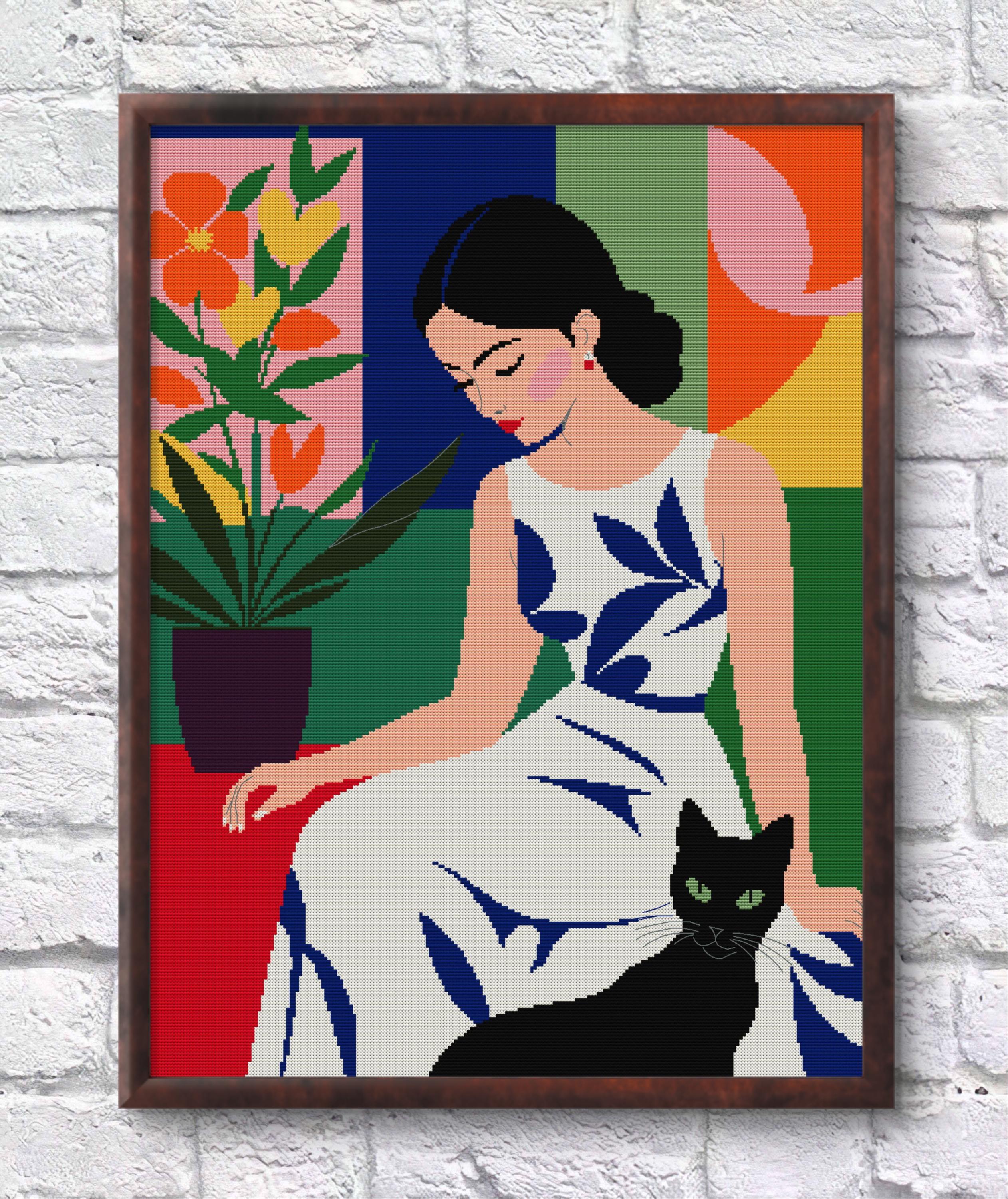 Woman with Cat Cross Stitch Pattern PDF, Matisse-Inspired Abstract Embroidery, Artistic Digital Design, DIY Home Decor, Instant Download