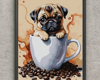 Pug Puppy in Coffee Cup Cross Stitch Pattern PDF, Cute Dog Embroidery, Fun Pet Design, Modern Digital Art, DIY Home Decor, Instant Download