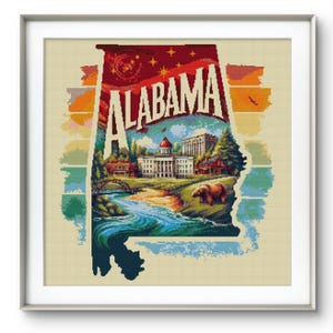 Alabama kaart kruissteekpatroon pdf, retro staat borduurwerk, vintage staatskunst Alabama, decoratie DIY, instant download