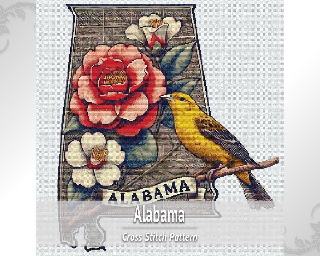 Alabama Map Cross Stitch Pattern PDF, State Bird and Flower Embroidery ...