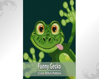 Funny Gecko Cross Stitch Chart, Whimsical Lizard Embroidery PDF