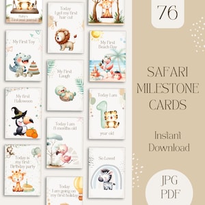 Cartes jalons Safari Baby imprimables | Accessoires photo mensuels pour bébés animaux de la jungle | Jalons nouveau-nés | Téléchargement numérique | Cadeau neutre