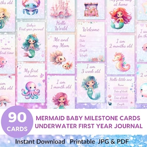 Cartes jalons bébé sirène imprimables sous-marine première année Journal mensuel hebdomadaire fille Photo accessoires en téléchargement numérique Idée cadeau baby shower
