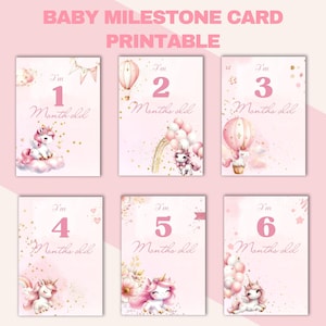 Cartes jalons bébé imprimables | Ensemble souvenir de première année Licorne | Accessoires photo nouveau-né | Téléchargement numérique | Cadeau baby shower pour fille