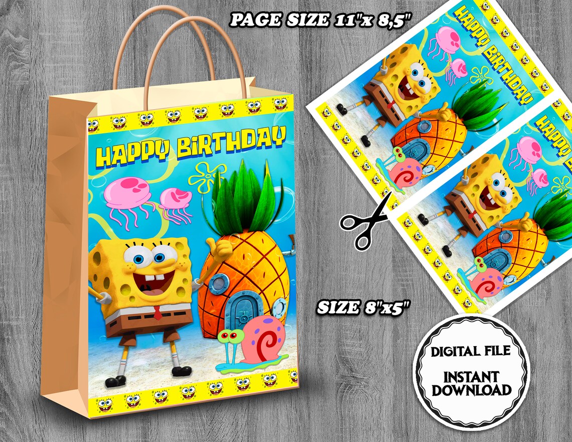 Spongebob Gift Bag Labels Digital SpongeBob Birthday Party | Etsy