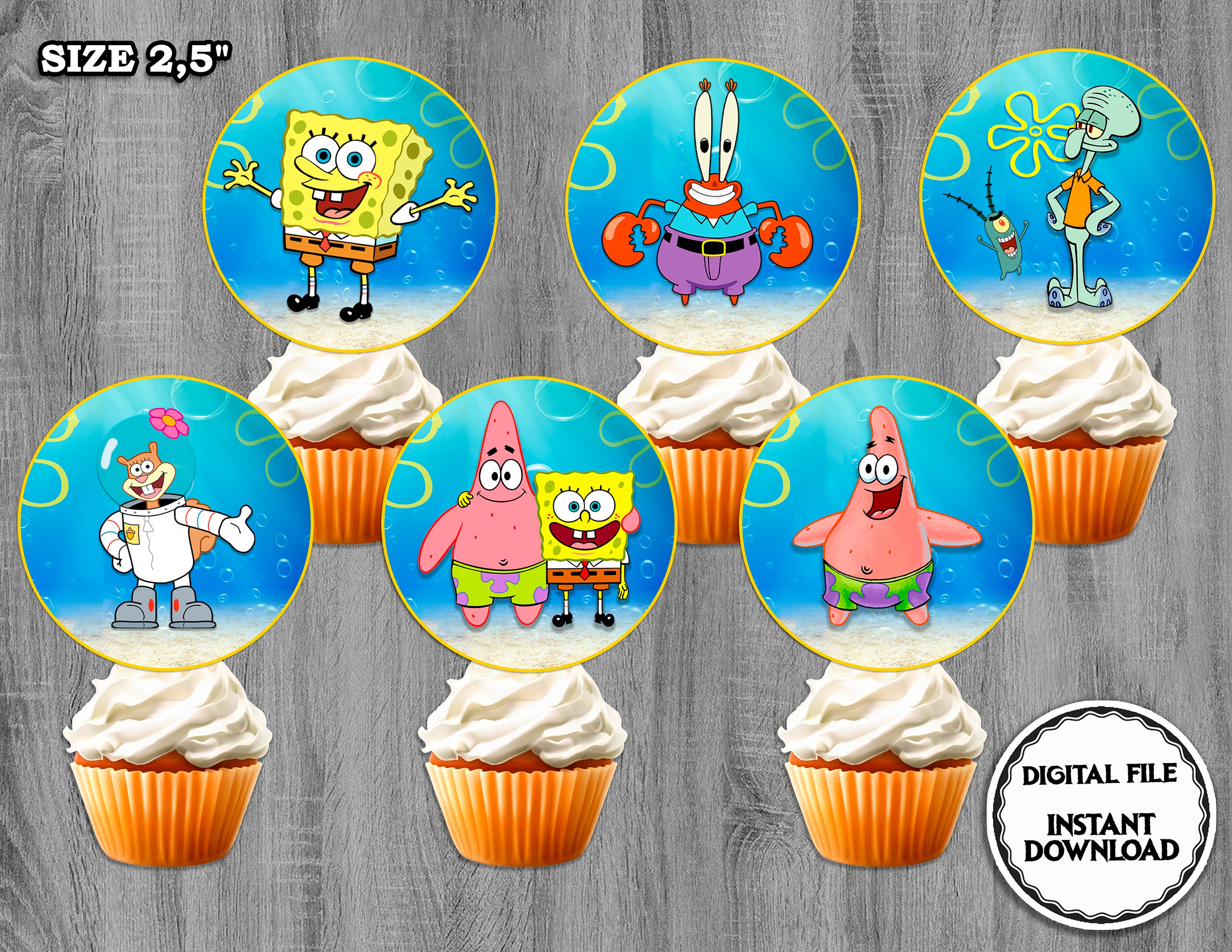 Spongebob Cupcake Toppers Digital SpongeBob Birthday Party Etsy
