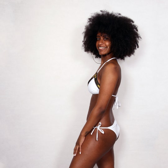 Disover White Raya triangle bikini set with adjustable straps and Eritrean embroidered jacquard designs