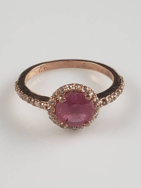 Estate Art Deco Ruby & Diamond Rose Gold Halo Ring - image 2