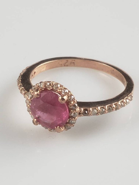 Estate Art Deco Ruby & Diamond Rose Gold Halo Ring - image 6