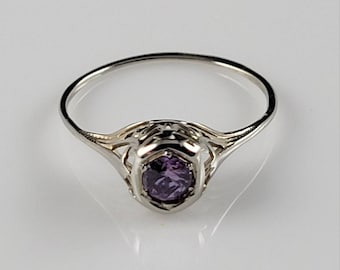 Estate Art Deco Amethyst 14KT White Gold Filigree Ring-1910s