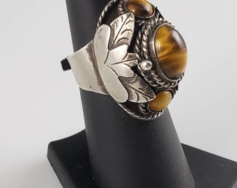 Taxco Tiger's Eye Sterling Poison Ring with Eagle Stamp-Circa 1940-1948