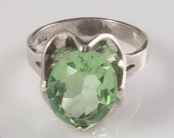 Taxco Rare Green Spinel Glass Signed Solitaire Statement Ring-Circa 1940s