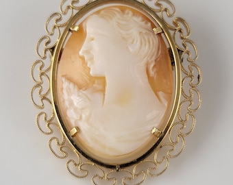 May include: A gold cameo brooch with a delicate filigree design. The cameo features a carved profile of a woman with a floral motif.
