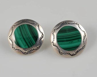 Minty Handwrought Navajo Natural Malachite Sterling Silver Post Earrings