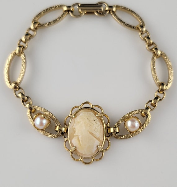 Victorian 12KT Gold Genuine Shell Cameo & Pearl B… - image 2