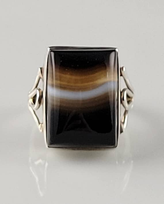 Estate Landscape Agate Sterling Silver Scroll Ring