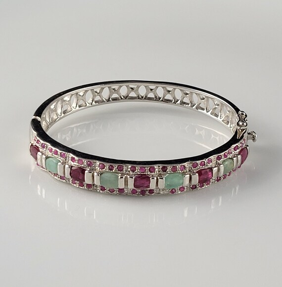 Emerald & Ruby Encrusted Sterling Hinged Bracelet - image 4