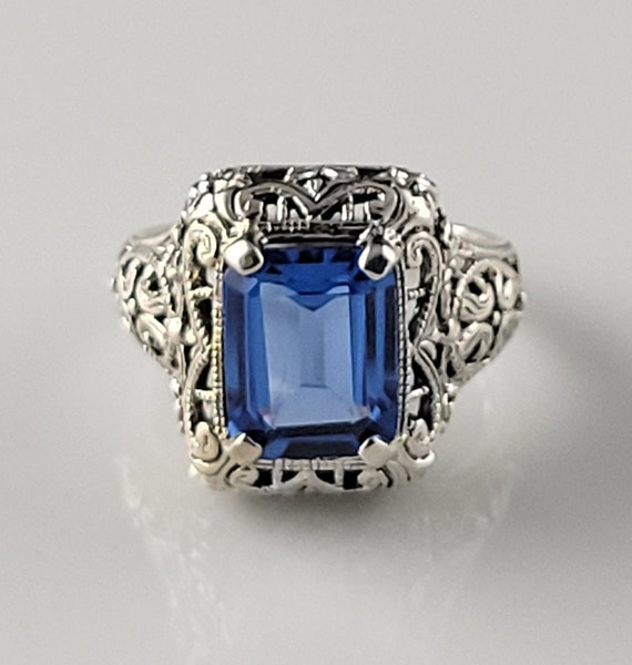 Art Deco London BlueTopaz Sterling Filigree Ring - image 2