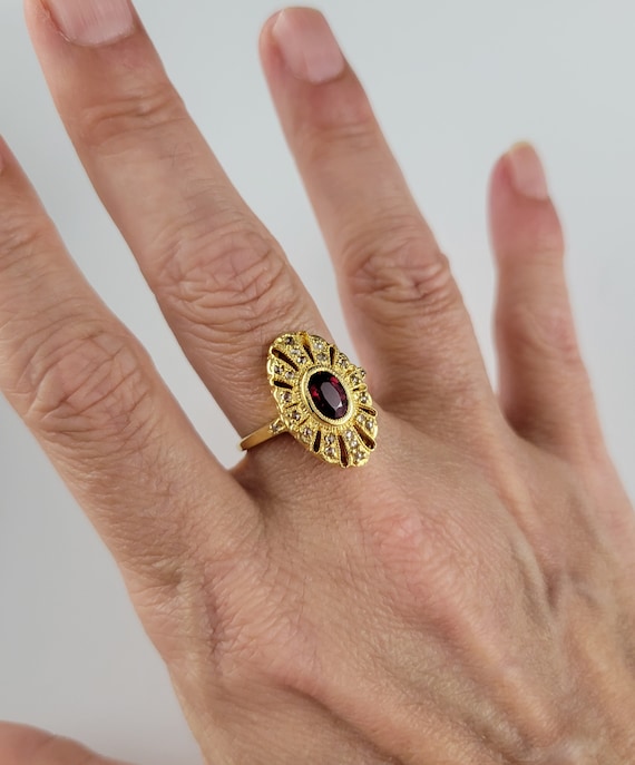 Art Deco Garnet & Diamond Rose Vermeil Shield Ring - image 8