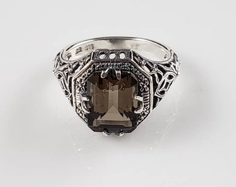 Art Deco Genuine Smokey Topaz Sterling Filigree Ring